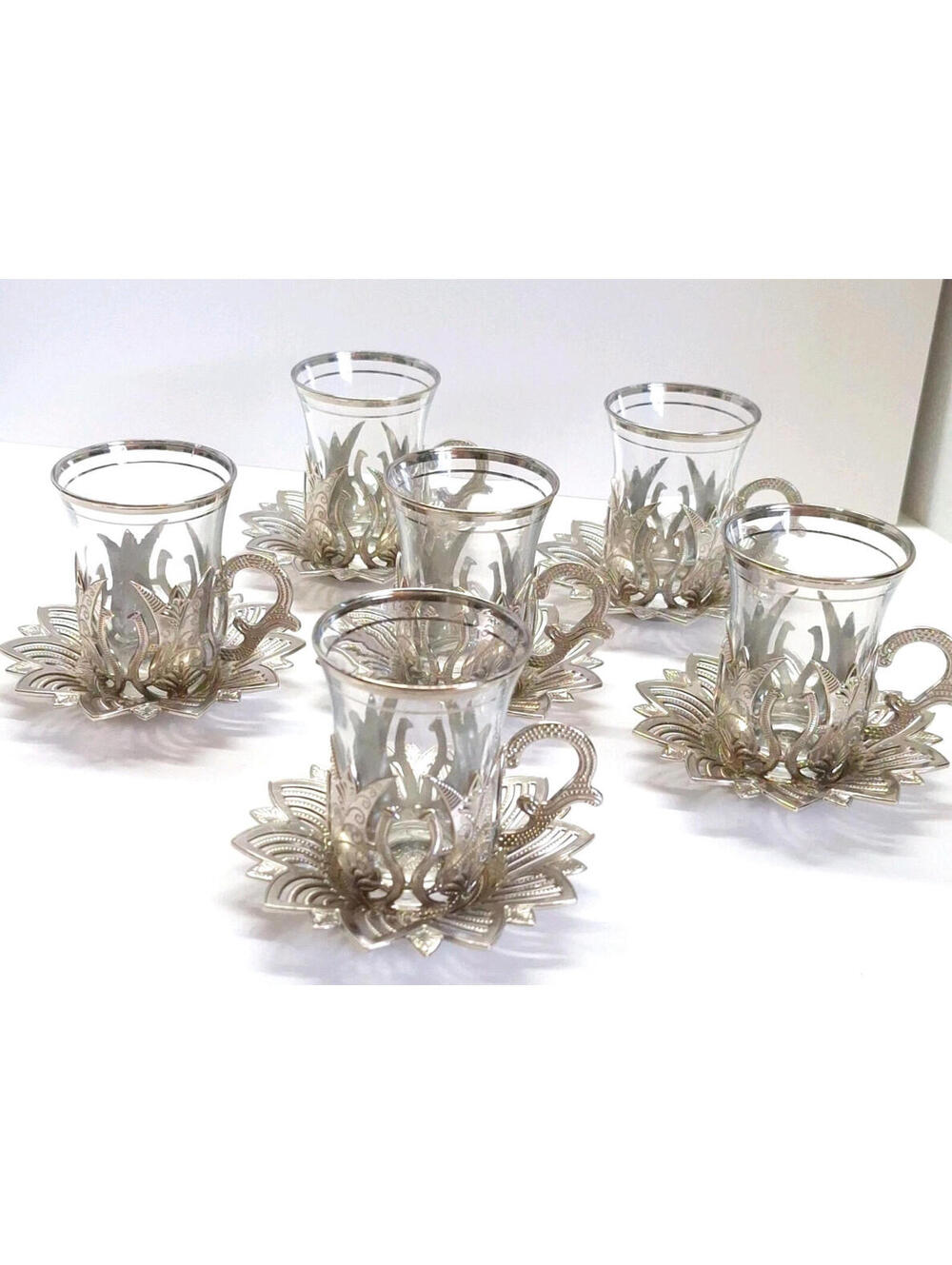 Turkish Tea Water Busem Serving Set Glasses Saucer Silver SET OF 6 Handmade